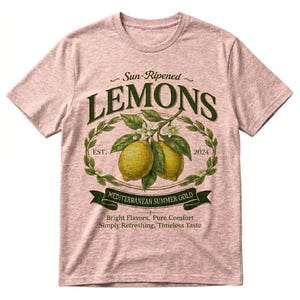 May include: A light pink t-shirt featuring a vintage-style design with the word "LEMONS" in dark green, along with illustrations of lemons and text that reads "Sun-Ripened" and "MEDITERRANEAN SUMMER GOLD".