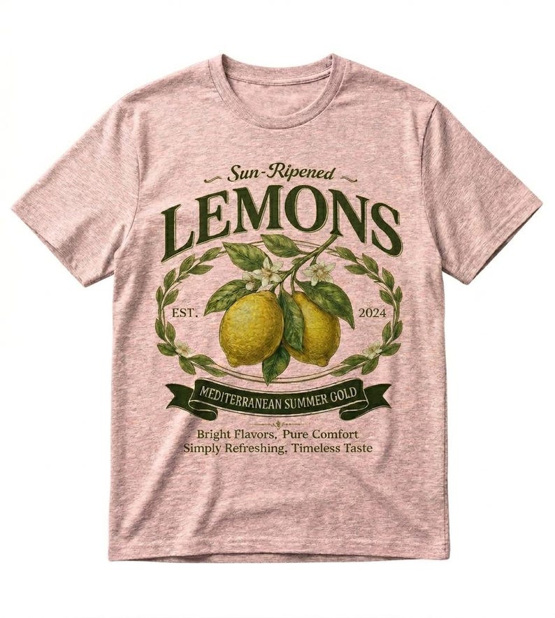 May include: A light pink t-shirt featuring a vintage-style design with the word "LEMONS" in dark green, along with illustrations of lemons and text that reads "Sun-Ripened" and "MEDITERRANEAN SUMMER GOLD".