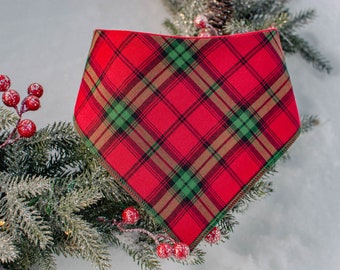 Holly Plaid -Shimmer- Christmas Dog Bandana- Adjustable 3 Snap Custom Neck Size - Double Layered - Double Stitched - Cotton