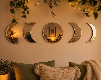 Espejos de pared dorados con fases lunares / Juego de decoración boho celestial de 5 piezas