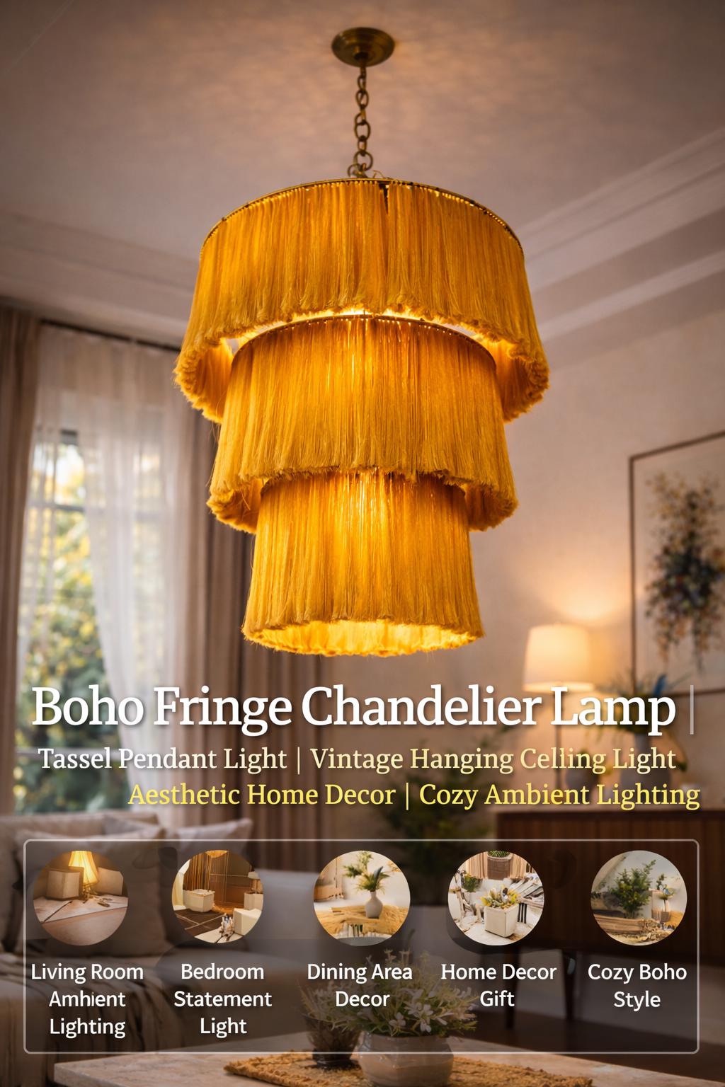 Boho Fringe Chandelier Lamp | Tassel Pendant Light, Vintage Ceiling ...