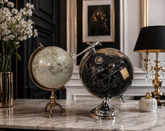 Vintage Globe Dekor schwarz weiß | Weltkarte Schreibtischglobus | Büro Dekor | Arbeitszimmer Zubehör | Reise-Liebhaber-Geschenk