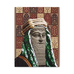 May include: Canvas art print depicting a stone bust of a bearded figure wearing a headdress and green shawl. The background is a patterned tapestry with red, gold, and brown hues. The artwork has a vintage, historical theme.