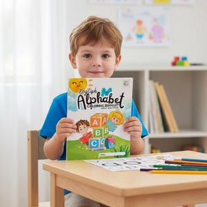 Puede incluir: Un niño sostiene un "Cuaderno para colorear el alfabeto inglés" con ilustraciones coloridas. La portada presenta un sol sonriente, una mariposa y niños de dibujos animados. Lápices de colores y una hoja para colorear están sobre la mesa de madera.