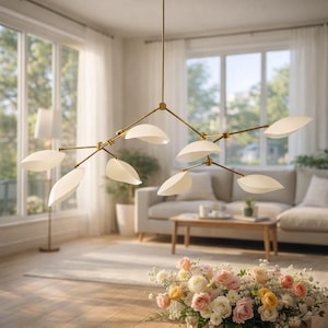 May include: A multi-arm chandelier featuring a thin gold-toned metal frame with several white, leaf-shaped glass shades extending outward. The fixture is suspended from the ceiling by a single rod, creating a branching, organic silhouette.