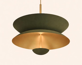 Olive shade Brass Chandelier, Flush Mount Fixture, Modern Pendant Light