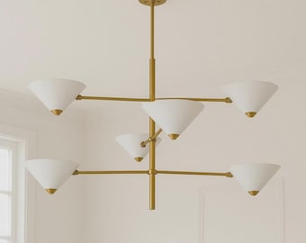 Modern Brass Chandelier – Six Arms Cone Shade Sputnik Ceiling Light Fixture