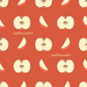 Op de afbeelding: Een herhalend patroon van rode appels en appelschijfjes op een rood-oranje achtergrond. De appels zijn doormidden gesneden, met de zaden zichtbaar. De tekst "JustMarizaArt" is in het wit zichtbaar.