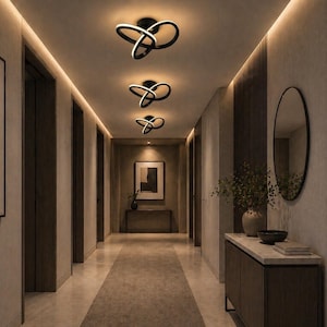 Può includere: Un corridoio moderno con illuminazione a incasso e tre luci decorative a soffitto. Il corridoio presenta porte in legno scuro, un'opera d'arte incorniciata e una console con uno specchio. Il pavimento è ricoperto da un tappeto di colore chiaro.