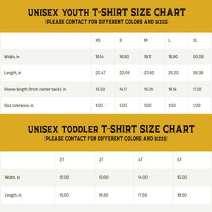 May include: A size chart for unisex youth and toddler t-shirts. The chart includes measurements for width, length, and sleeve length in inches, along with size tolerance. The text "UNISEX YOUTH T-SHIRT SIZE CHART" and "UNISEX TODDLER T-SHIRT SIZE CHART" are displayed.