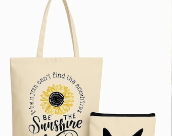 Bolso tote de lona de algodón con bolsillo de girasol y gato / Bolso de hombro informal para uso diario
