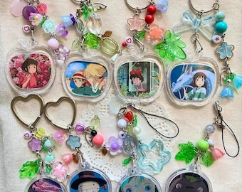 Keychains with beads, charms, and other Studio Ghibli designs. Ghibli Bag Charms. (Spirited Away, Totoro, Howl's Moving Castle, Kiki's Delivery Service)