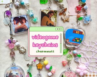 Keychains from various video games with charms. Videogame bag charms. (Zelda, TLOU, Super Mario, Life is Strange, Toro Inoue, K.K. Slider)