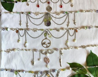 Necklaces with chains, leaves, and charms. Whimsical pendant. Beaded handmade fairy necklaces.