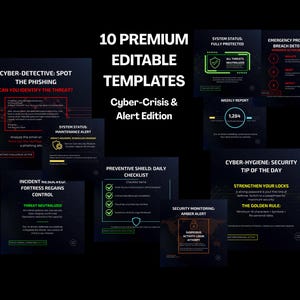 May include: A collection of 10 premium, editable templates for cybersecurity, with a dark theme. The templates include sections on phishing detection, system status, and emergency protocols. The text reads "Cyber-Crisis & Alert Edition."