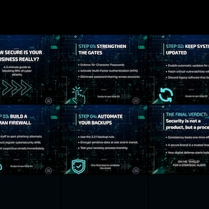May include: A digital graphic with a dark background and teal accents. The image presents a guide on cybersecurity, with steps like strengthening gates, keeping systems updated, building a human firewall, and automating backups. Text includes "How Secure Is Your Business Really?"