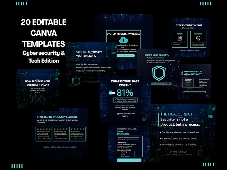 May include: A dark blue digital graphic with the text "20 EDITABLE CANVA TEMPLATES Cybersecurity & Tech Edition." The graphic includes information on cybersecurity, data security, and brand security. The image also includes the text "Trusted by Industry Leaders."