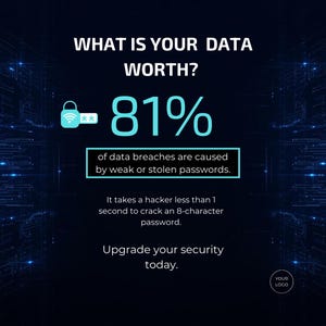 May include: A digital graphic with the text "WHAT IS YOUR DATA WORTH?" and "81%" in teal. The text highlights that data breaches are caused by weak passwords and that it takes a hacker less than 1 second to crack an 8-character password. The graphic encourages users to upgrade their security.