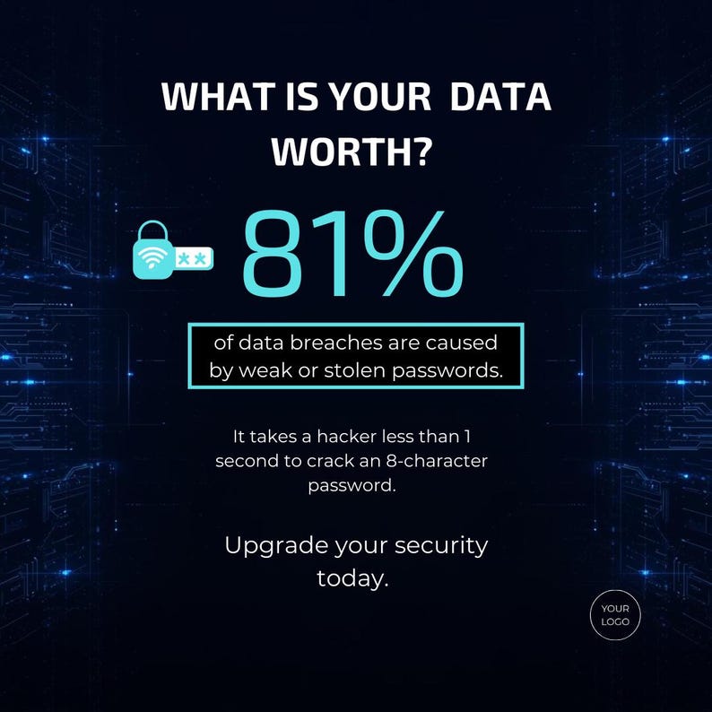 May include: A digital graphic with the text "WHAT IS YOUR DATA WORTH?" and "81%" in teal. The text highlights that data breaches are caused by weak passwords and that it takes a hacker less than 1 second to crack an 8-character password. The graphic encourages users to upgrade their security.
