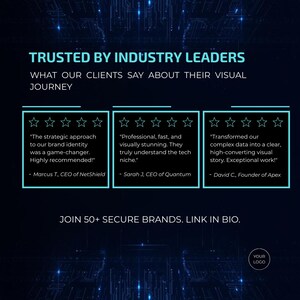 May include: Dark blue graphic with white text: "TRUSTED BY INDUSTRY LEADERS." Client testimonials are displayed in white boxes with star ratings. The text includes quotes from CEOs about their visual journey. The bottom text reads: "JOIN 50+ SECURE BRANDS. LINK IN BIO."