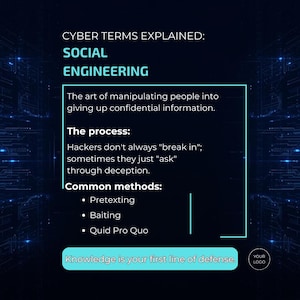 May include: A dark blue graphic with the text "CYBER TERMS EXPLAINED: SOCIAL ENGINEERING." It defines social engineering and lists common methods like pretexting and baiting. The phrase "Knowledge is your first line of defense" is also included.