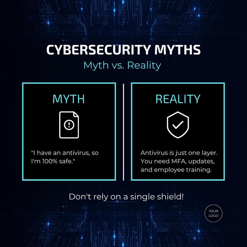 May include: A digital graphic with the text "CYBERSECURITY MYTHS" and "Myth vs. Reality." The image is divided into two sections: "MYTH" and "REALITY," each with text and icons. The bottom text reads "Don't rely on a single shield!"