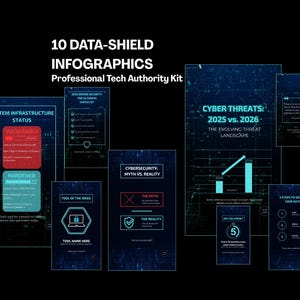 Pode incluir: Um conjunto de 10 infográficos de proteção de dados, intitulados "10 DATA-SHIELD INFOGRAPHICS Professional Tech Authority Kit". Os infográficos abordam temas como o status da infraestrutura do sistema e as ameaças cibernéticas.