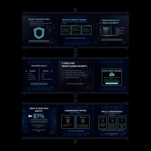 May include: A dark blue graphic with text and icons related to cybersecurity. The image includes the text "Secure Your Brand Today", "Trusted by Industry Leaders", and "From Strategy to Visual Authority". Other sections discuss data worth, remote work security, and backup rules.