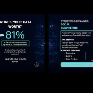 May include: Two dark blue informational graphics with white text. The first graphic states "WHAT IS YOUR DATA WORTH?" with an 81% statistic and information about data breaches. The second graphic explains "CYBER TERMS EXPLAINED: SOCIAL ENGINEERING".