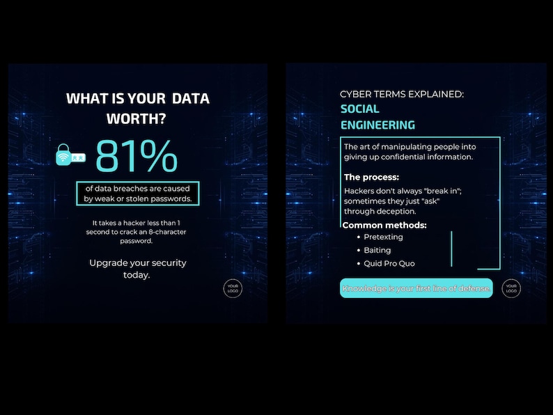 May include: Two dark blue informational graphics with white text. The first graphic states "WHAT IS YOUR DATA WORTH?" with an 81% statistic and information about data breaches. The second graphic explains "CYBER TERMS EXPLAINED: SOCIAL ENGINEERING".