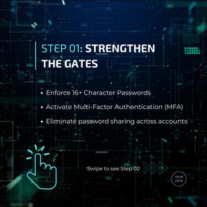 May include: A digital graphic with a dark blue background and a network of lines. The text reads "STEP 01: STRENGTHEN THE GATES" followed by bullet points: "Enforce 16+ Character Passwords", "Activate Multi-Factor Authentication (MFA)", and "Eliminate password sharing across accounts."
