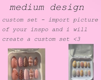 custom press on nail set- medium design. no 3d gel, quite simple some different patterns.
