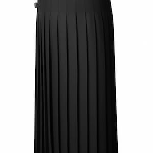May include: A full-length, black pleated skirt with a high waist. The skirt features a series of vertical pleats that run the length of the garment. Two leather straps with buckles are visible at the waist. The skirt is made of a solid, opaque fabric.