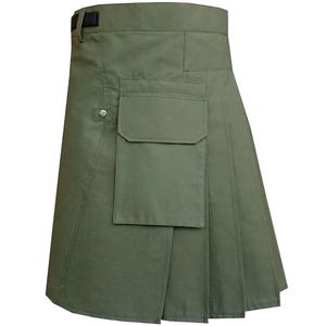 May include: Olive green kilt with a black belt and a large pocket. The kilt has pleats and a button detail. This traditional garment is made of a durable fabric.