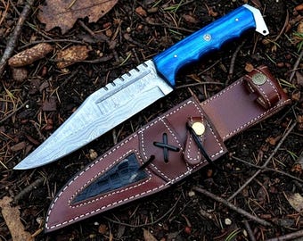 Handmade Damascus Steel Bowie Knife - Blue Wood Handle Hunting Knife - Custom Fixed Blade Survival Knife with Leather Sheath - Gift for Him