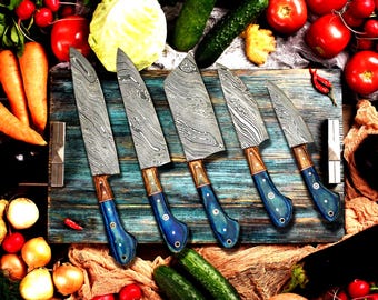 Hand Forged Damascus Steel Chef Knife- Handmade Kitchen Knives Set 5 Pcs -Anniversary Gift & Christmas Gift For Him