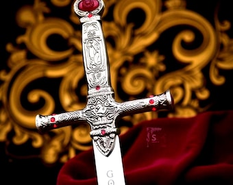 Brave Hero Fantasy Sword, Silver Engraved Metal Blade with Ruby Accents - Lion House Inspired Decor - Handmade Sword for Men and Boys Gift