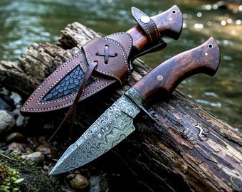 Handmade Damascus Steel Hunting Knife 10" Fixed Blade Bushcraft Camping Knife Walnut Wood Handle Leather Sheath Personalized Groomsmen Gift