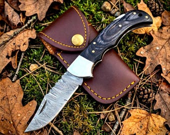 Personalized Damascus Folding Knife with Leather Sheath, Custom Pocket Knife Gift for Him, Anniversary Gift for Boyfriend / Husband