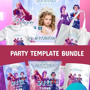 KPOP Demon Hunters as Princesses Birthday Party Template Bundle Editable in Canva