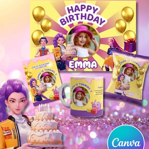 May include: A birthday party theme featuring a banner, invitation, mug, and chip bag. The design includes a photo of a girl, the name "EMMA", and the text "HAPPY BIRTHDAY". The color scheme is yellow, purple, and gold, with cartoon characters and balloons.