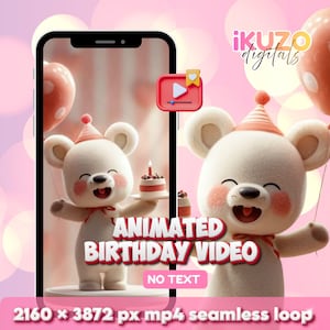 Tańczący niedźwiedź trzymający balon i tort – animowana, płynna pętla urodzinowa | Film urodzinowy | Natychmiastowe pobranie