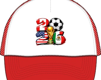 Cappellino da camionista con trofeo a forma di pallone da calcio dei Mondiali 2026 / Canada USA Messico 2026, per tifosi di calcio, con retro in rete