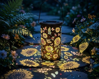 Sunflower Solar Lantern Outdoor, Metal Garden Decor, Mother's Day Gift for Mom, Patio Night Light, Yard Art Shadow Projector, Rustic Lamp