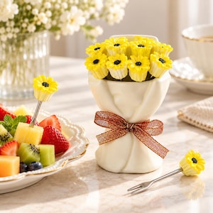 Ceramic Daisy Fruit Fork Set, Bouquet Holder Cherry Flatware