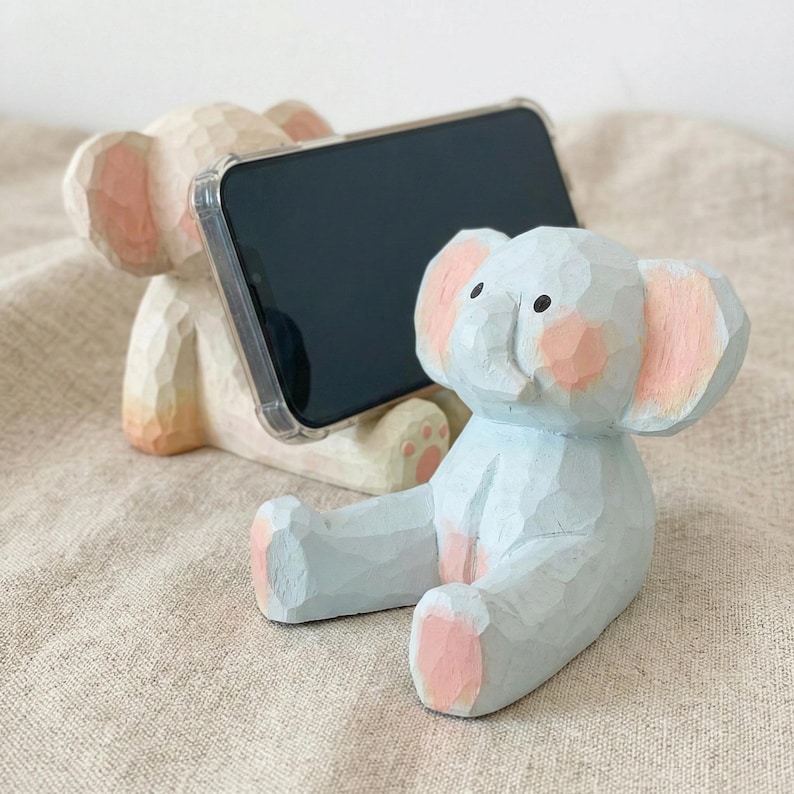 Hand-Carved Wooden Elephant Phone Stand, Animal Desk Decor, Desktop Organizer Holder image 5