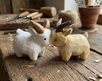 Hand Carved Wooden Goat Figurine | Rustic Minimalist Animal Sculpture (White or Natural Wood).