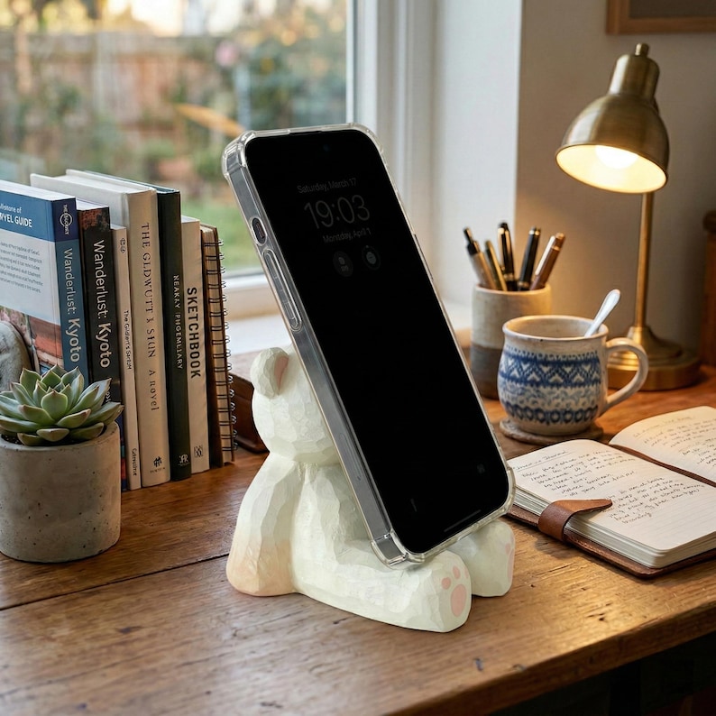 May include: A white, carved wooden bear phone stand holding a smartphone with a clear case. The phone displays the time 19:03. The stand sits on a wooden desk with books, a lamp, and a mug in the background.