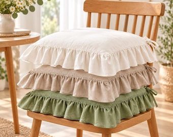 Ruffled Cotton Chair Cushion with Removable Cover, Farmhouse Dining Seat Pad, Cottagecore Decor, Horseshoe and Square Sizes