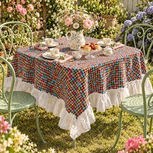 Könnte beinhalten: Eine quadratische Tischdecke mit einem bunten Webmuster in Blau-, Rosa-, Gelb- und Grüntönen, verziert mit einer weißen Spitzenrüsche. Die Tischdecke ist mit einem Blumenkrug, Teetassen, Untertassen und einem Teller mit kleinen Kuchen gedeckt.